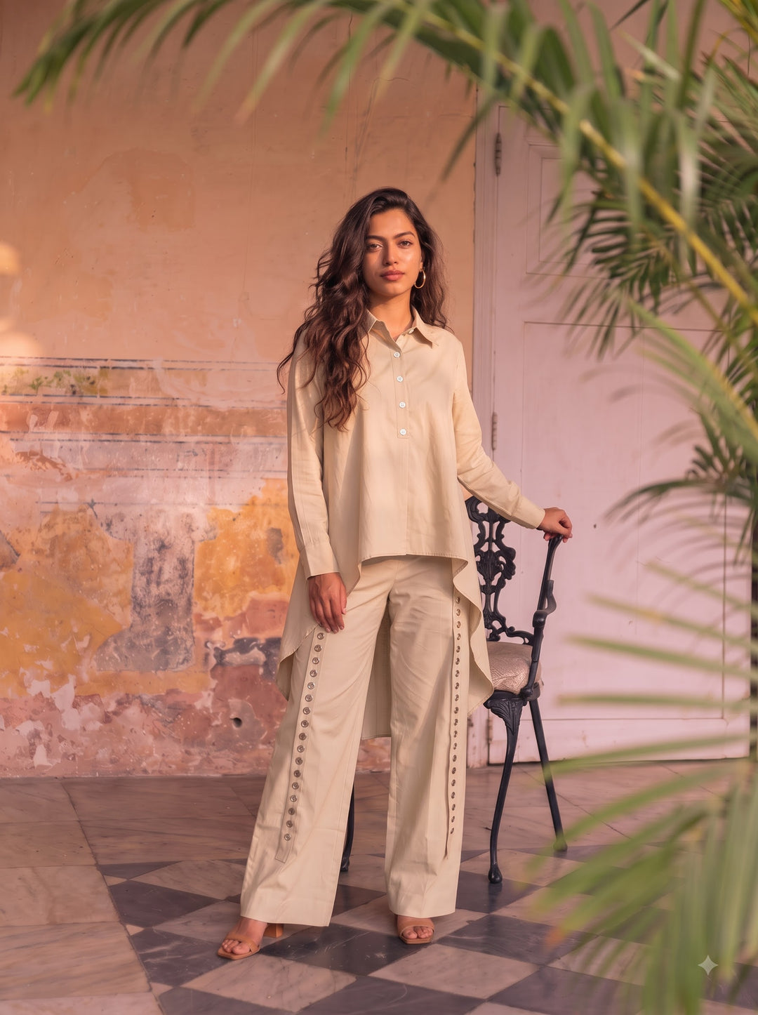 HIGH LOW SHIRT WITH RIVET PANTS IN BEIGE