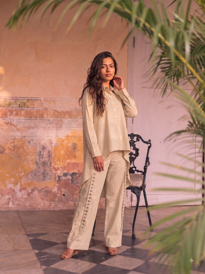 HIGH LOW SHIRT WITH RIVET PANTS IN BEIGE