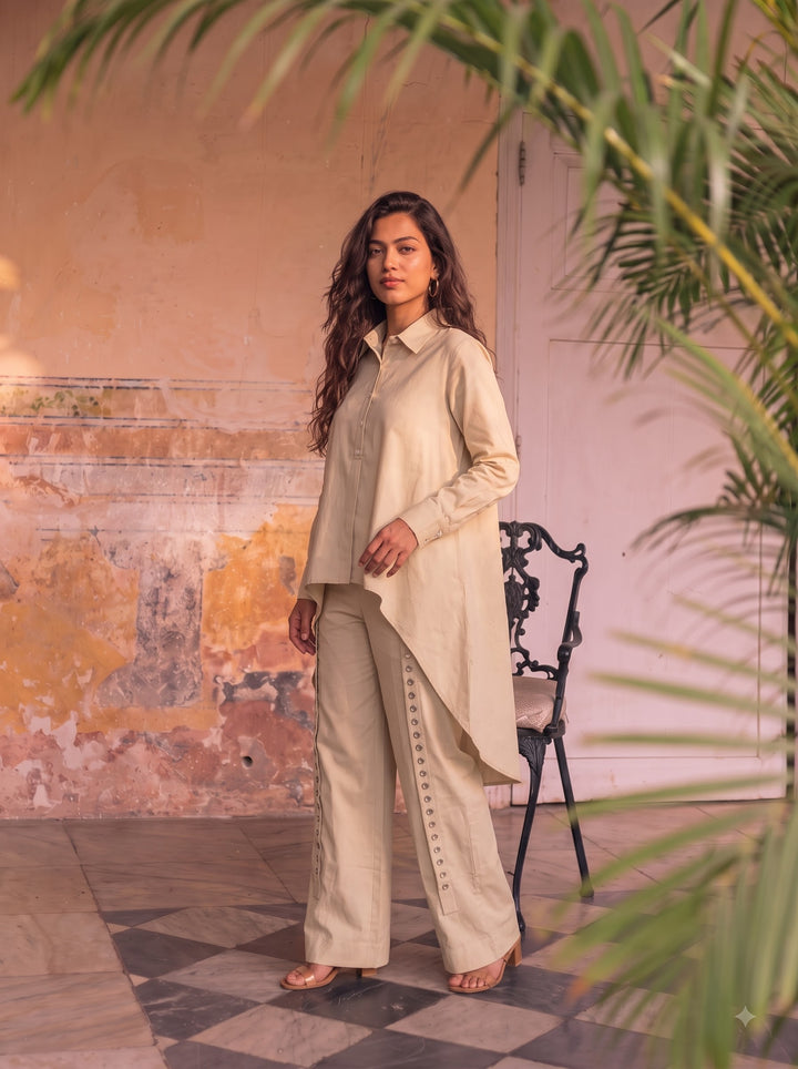 HIGH LOW SHIRT WITH RIVET PANTS IN BEIGE