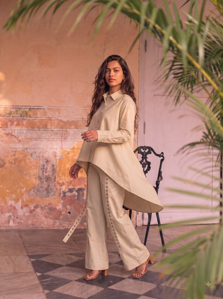 HIGH LOW SHIRT WITH RIVET PANTS IN BEIGE