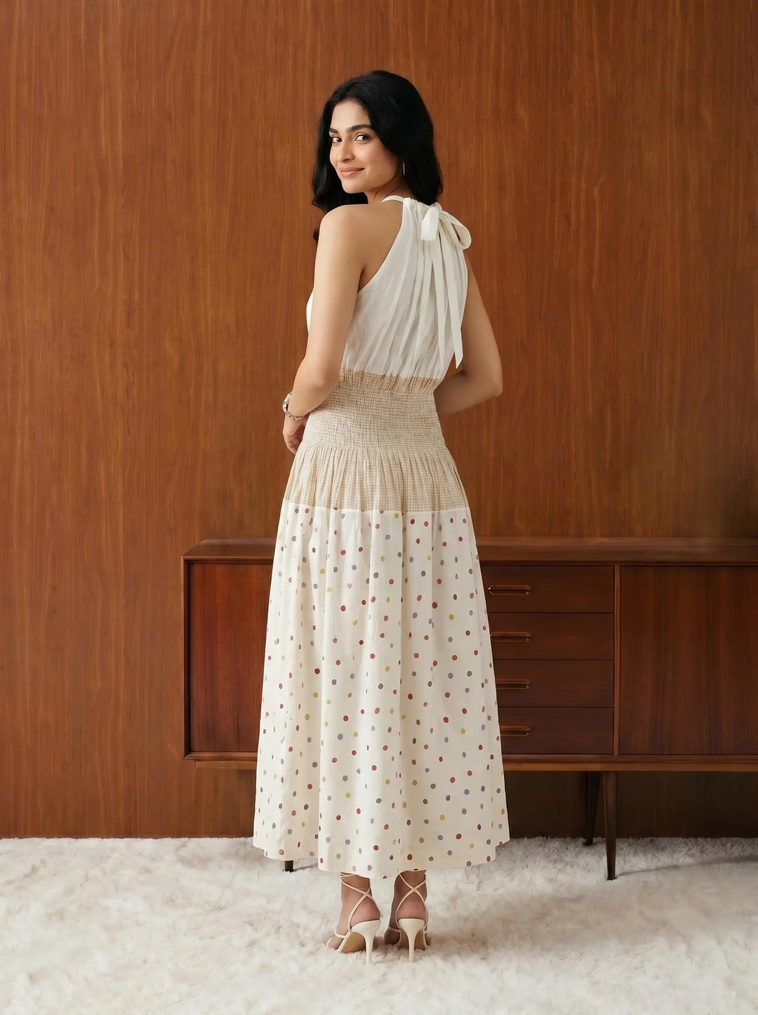 POKLA DOT WITH YELLOW CHECKS BACK TIE-UP DRESS