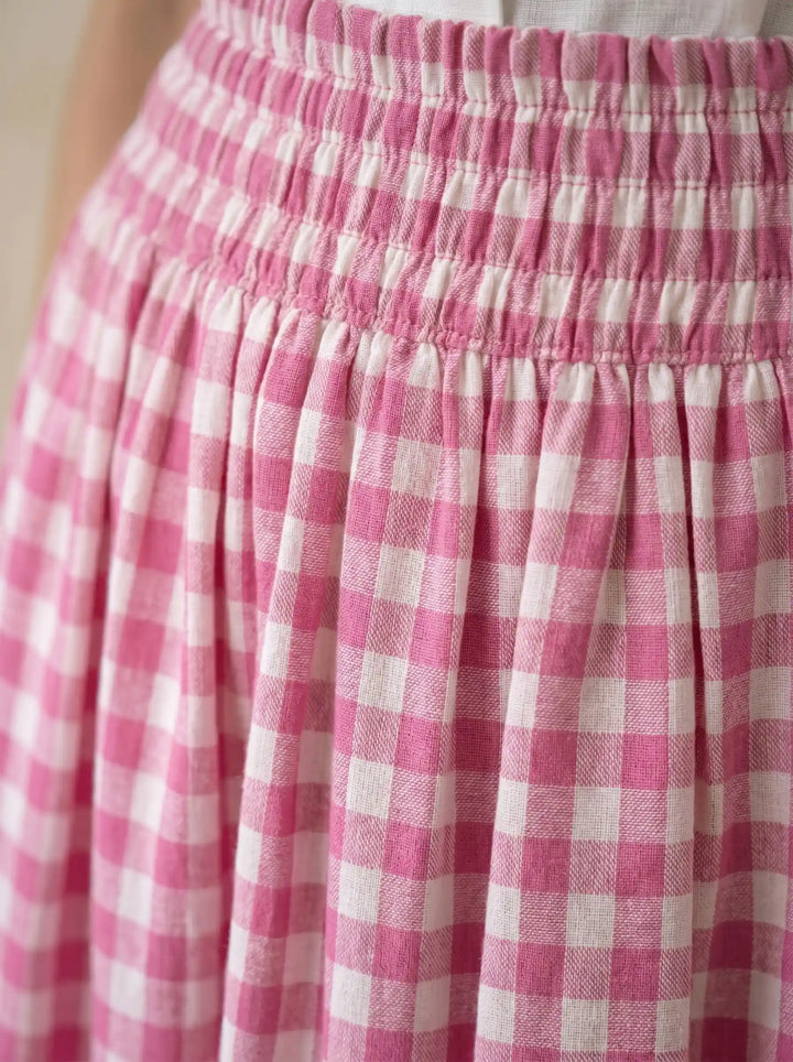 linen skirt in pink checks