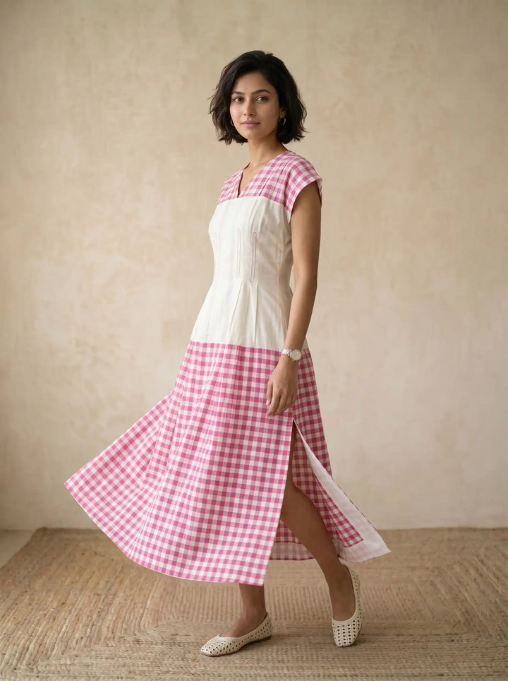 WHITE LINEN DRESS WITH PINK CHECKS