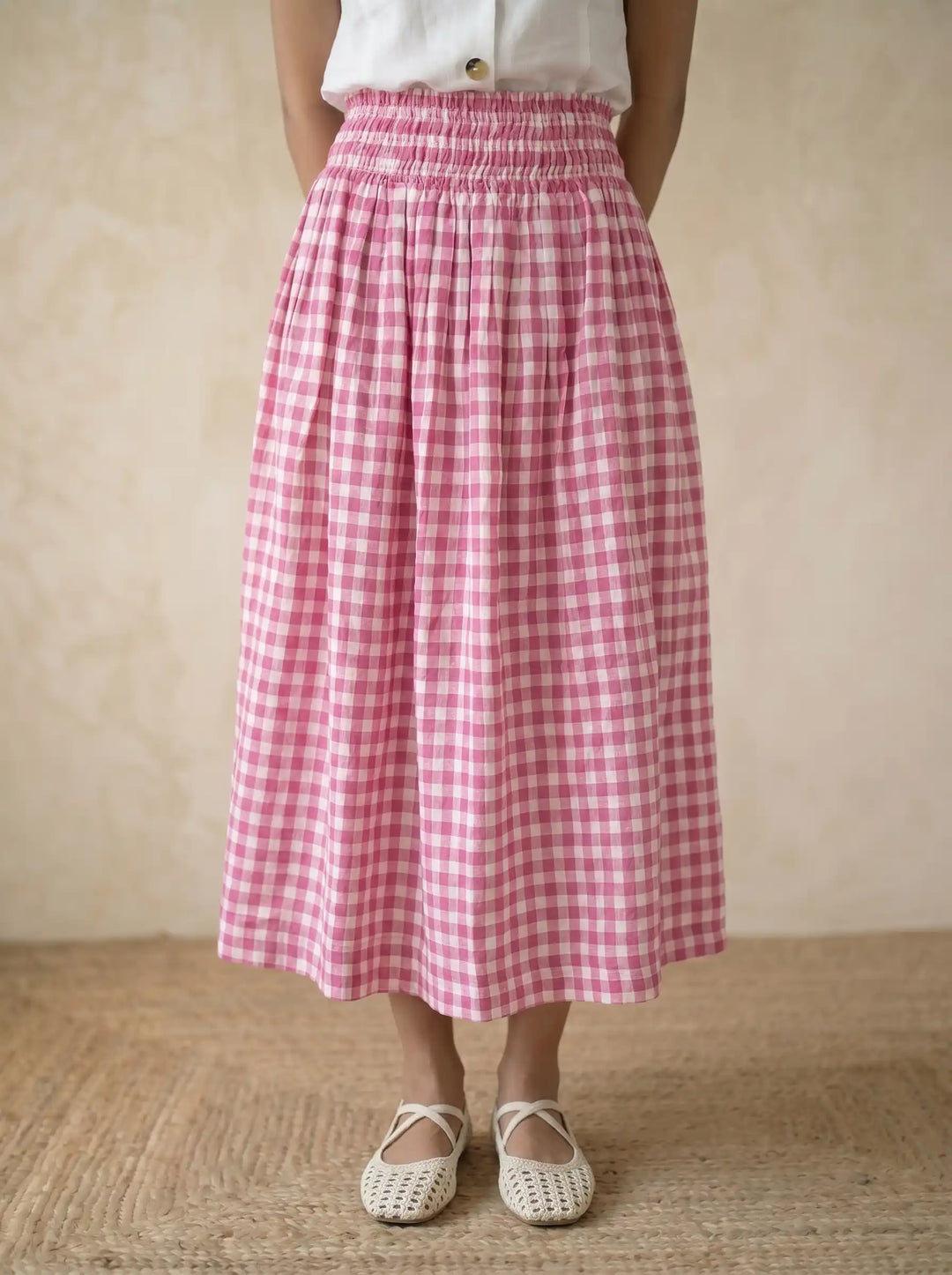 linen skirt in pink checks