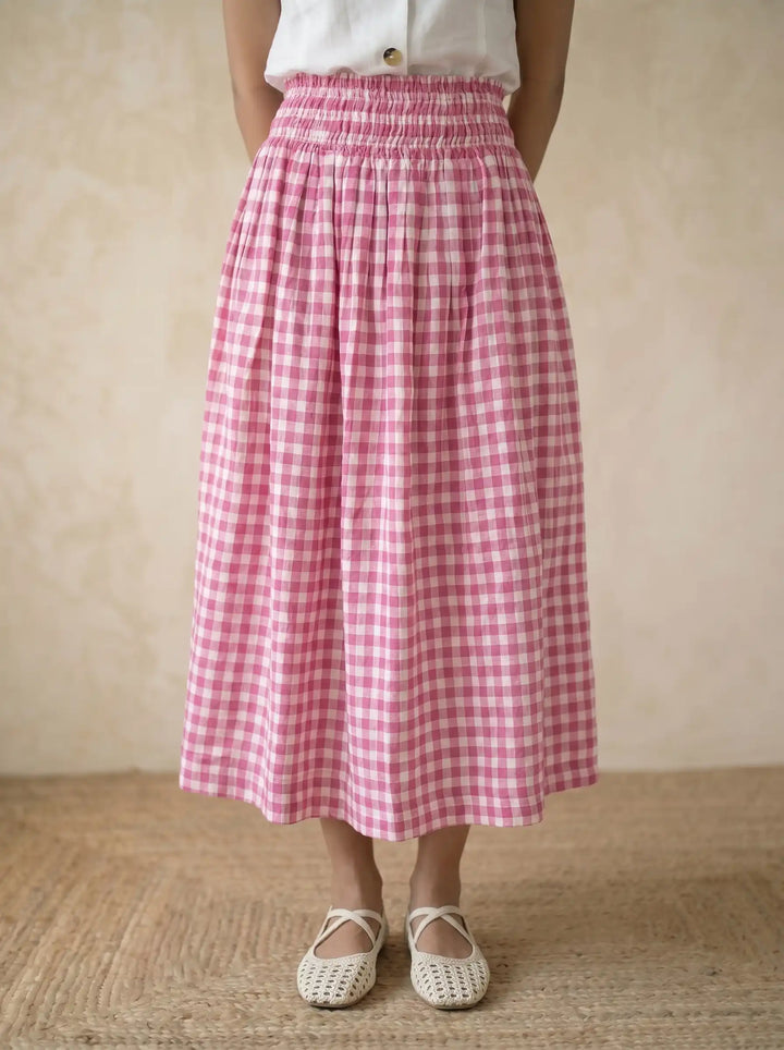linen skirt in pink checks