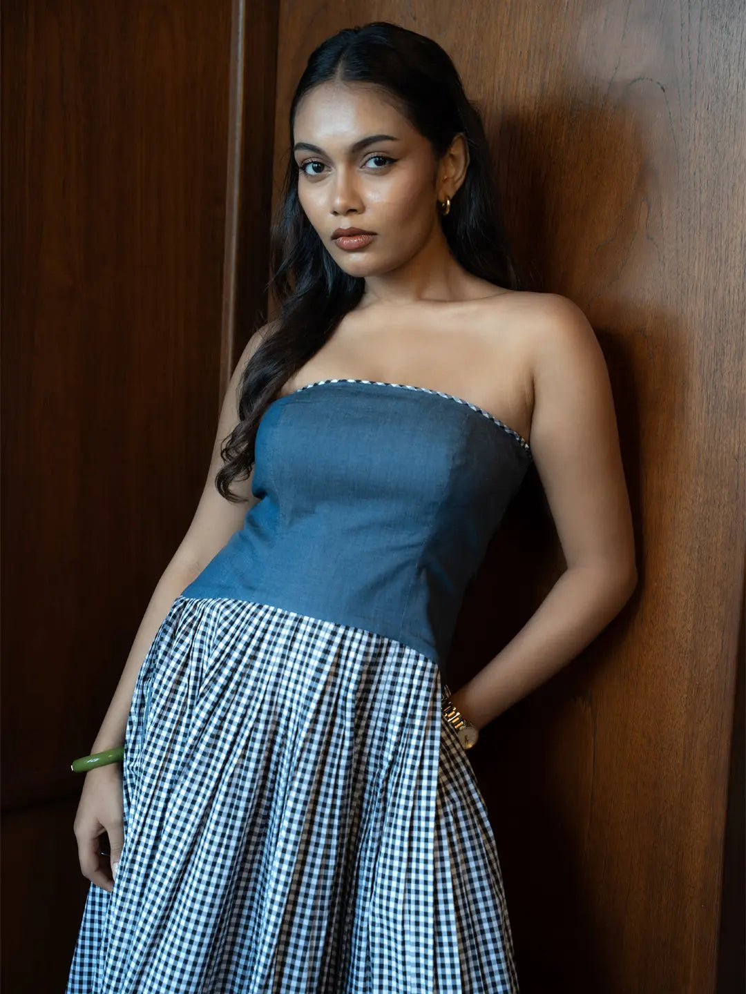 DENIM TUBE DRESS WITH BLACK/WHITE CHECKS