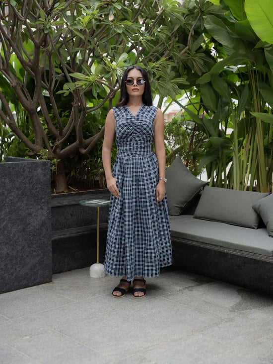 BLACK CHECK DRESS WITH BACK TIE-UP