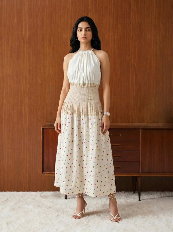 POKLA DOT WITH YELLOW CHECKS BACK TIE-UP DRESS