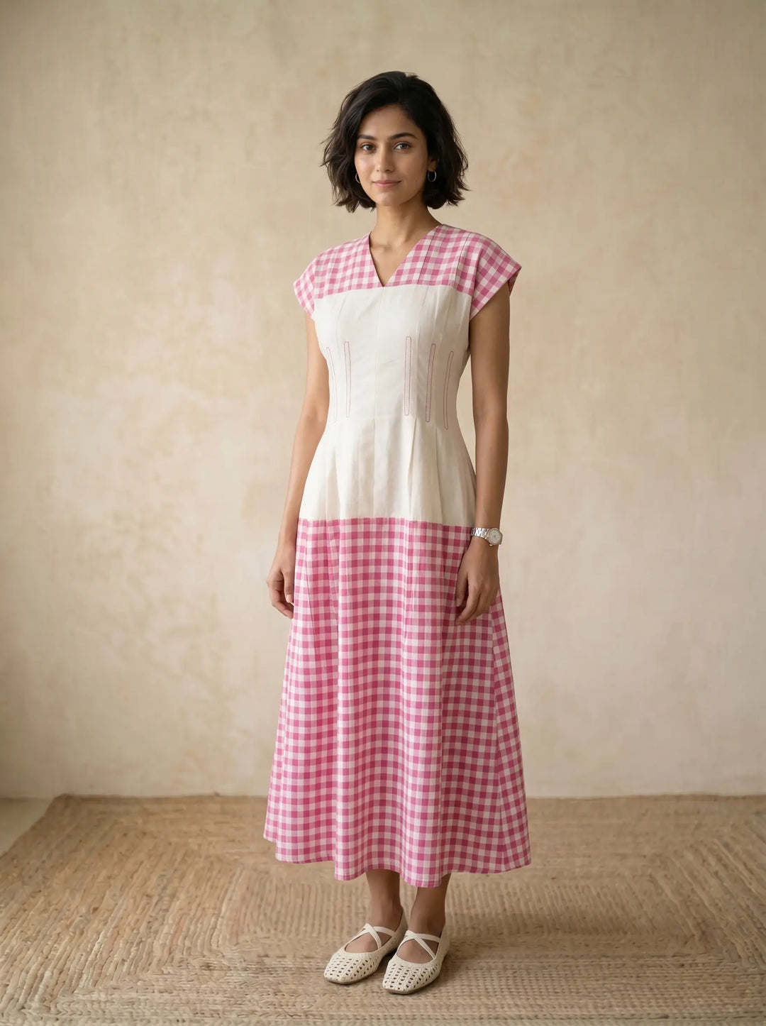 WHITE LINEN DRESS WITH PINK CHECKS