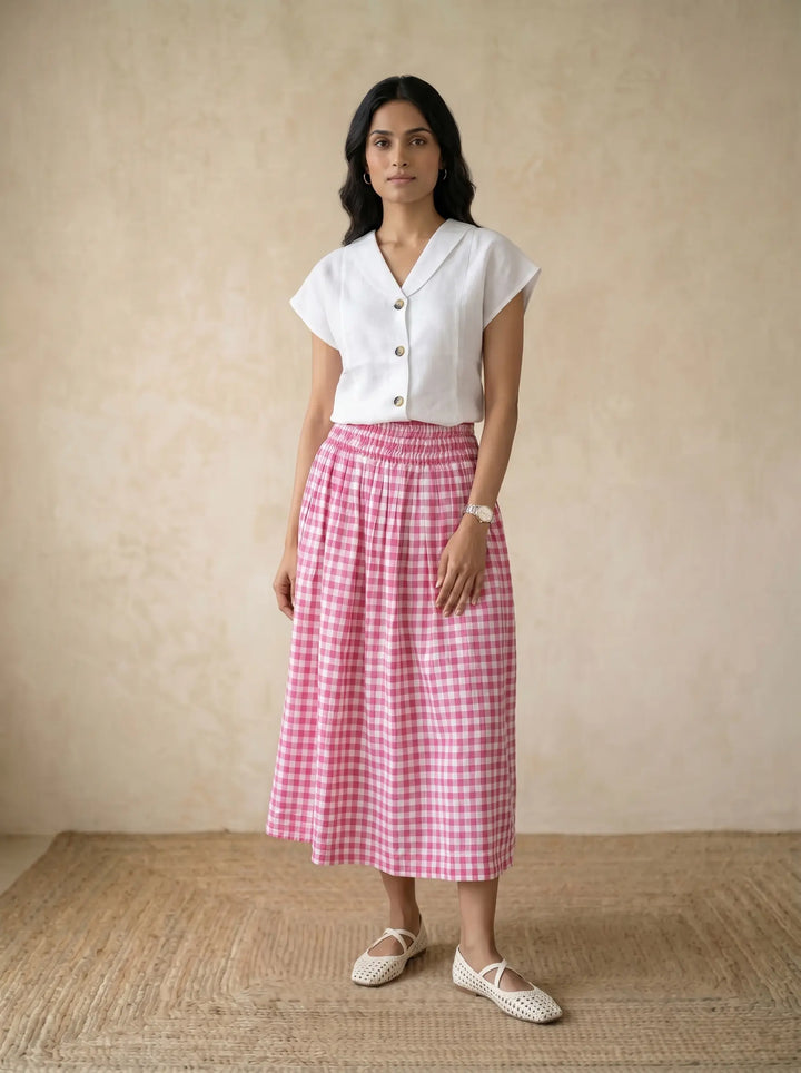 linen skirt in pink checks