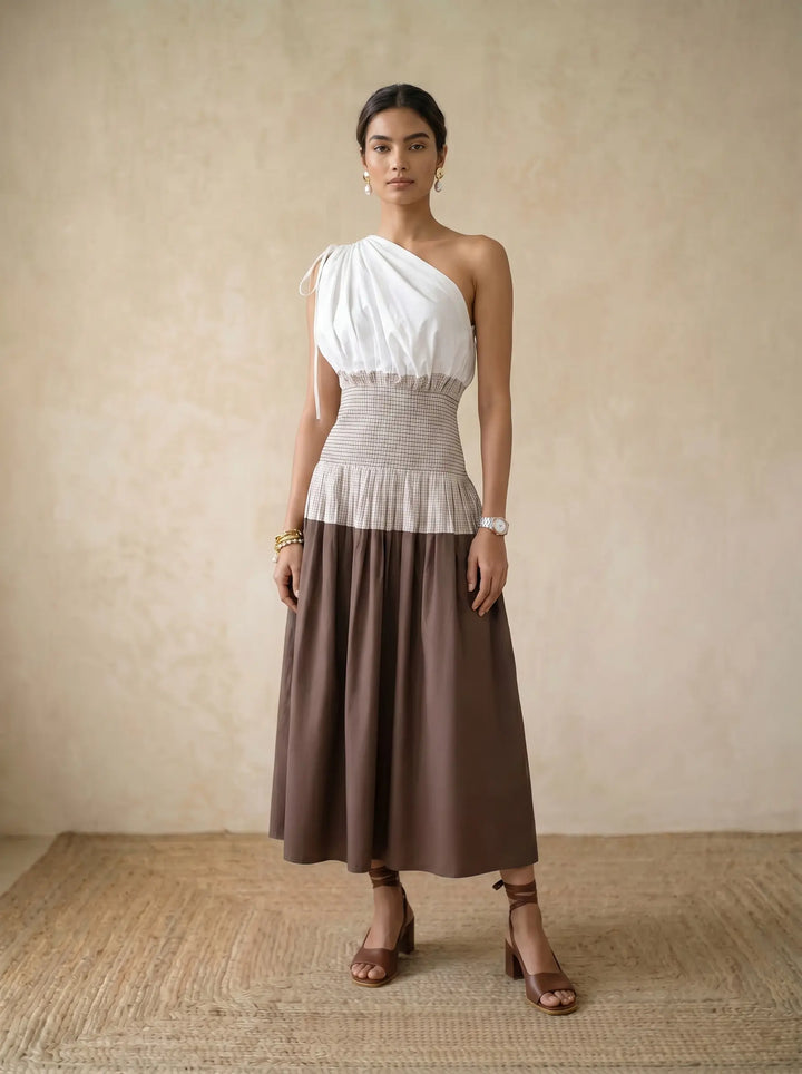White & Brown One Shoulder Dress