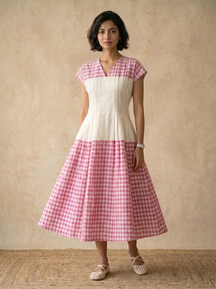 WHITE LINEN DRESS WITH PINK CHECKS