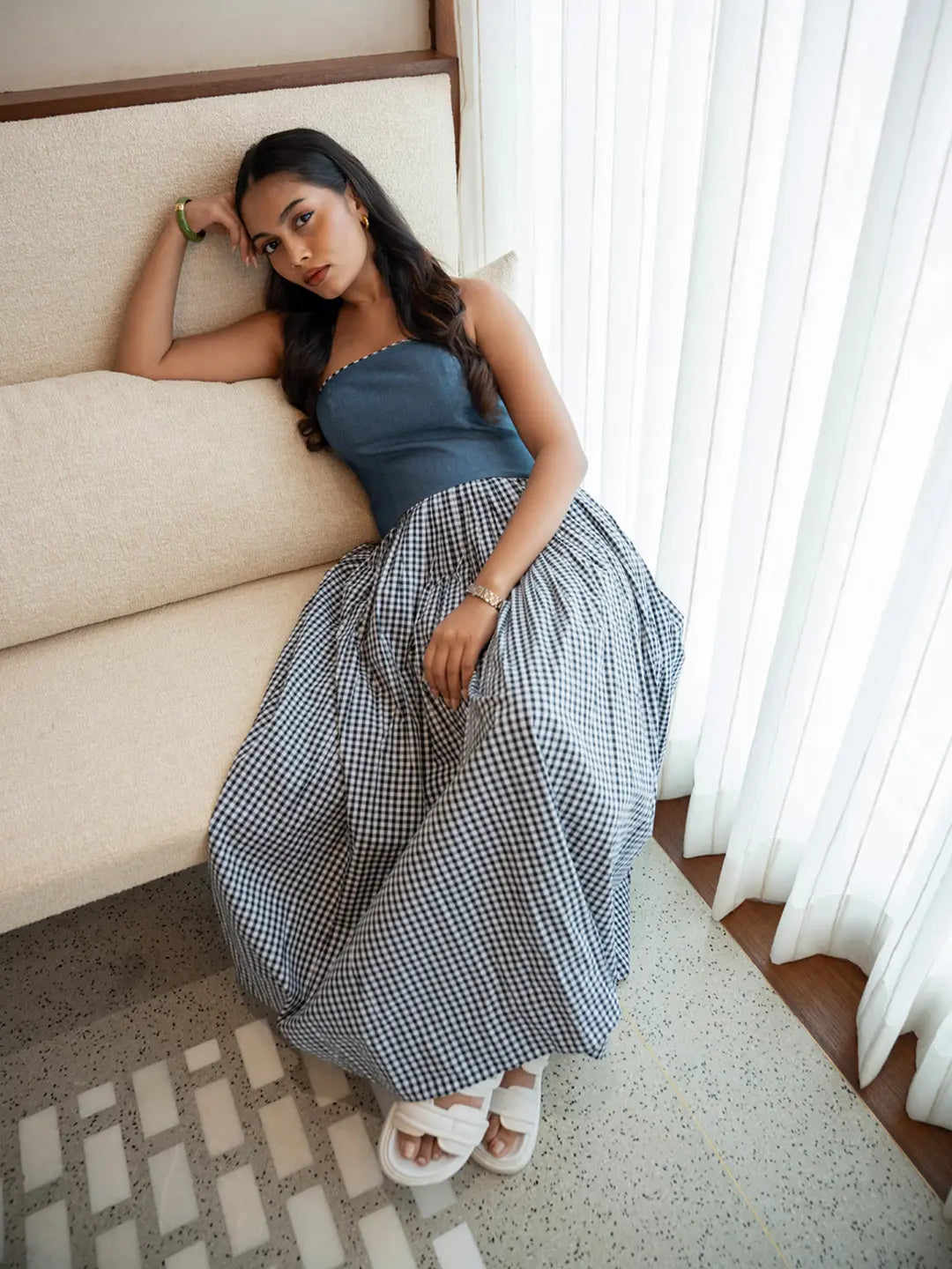 DENIM TUBE DRESS WITH BLACK/WHITE CHECKS