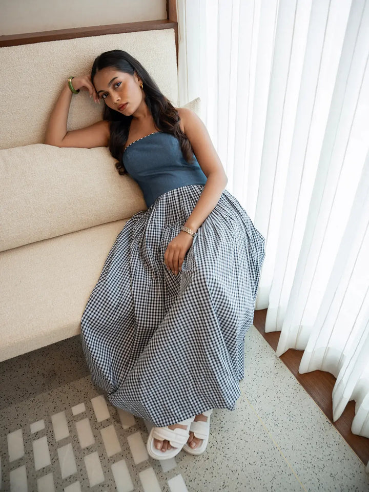 DENIM TUBE DRESS WITH BLACK/WHITE CHECKS