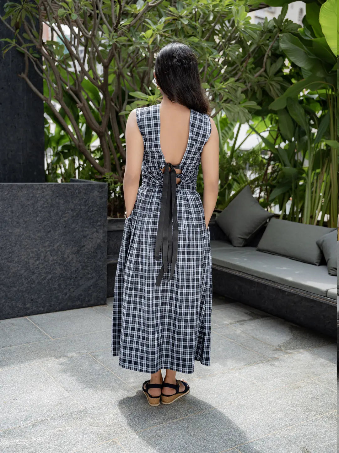 BLACK CHECK DRESS WITH BACK TIE-UP