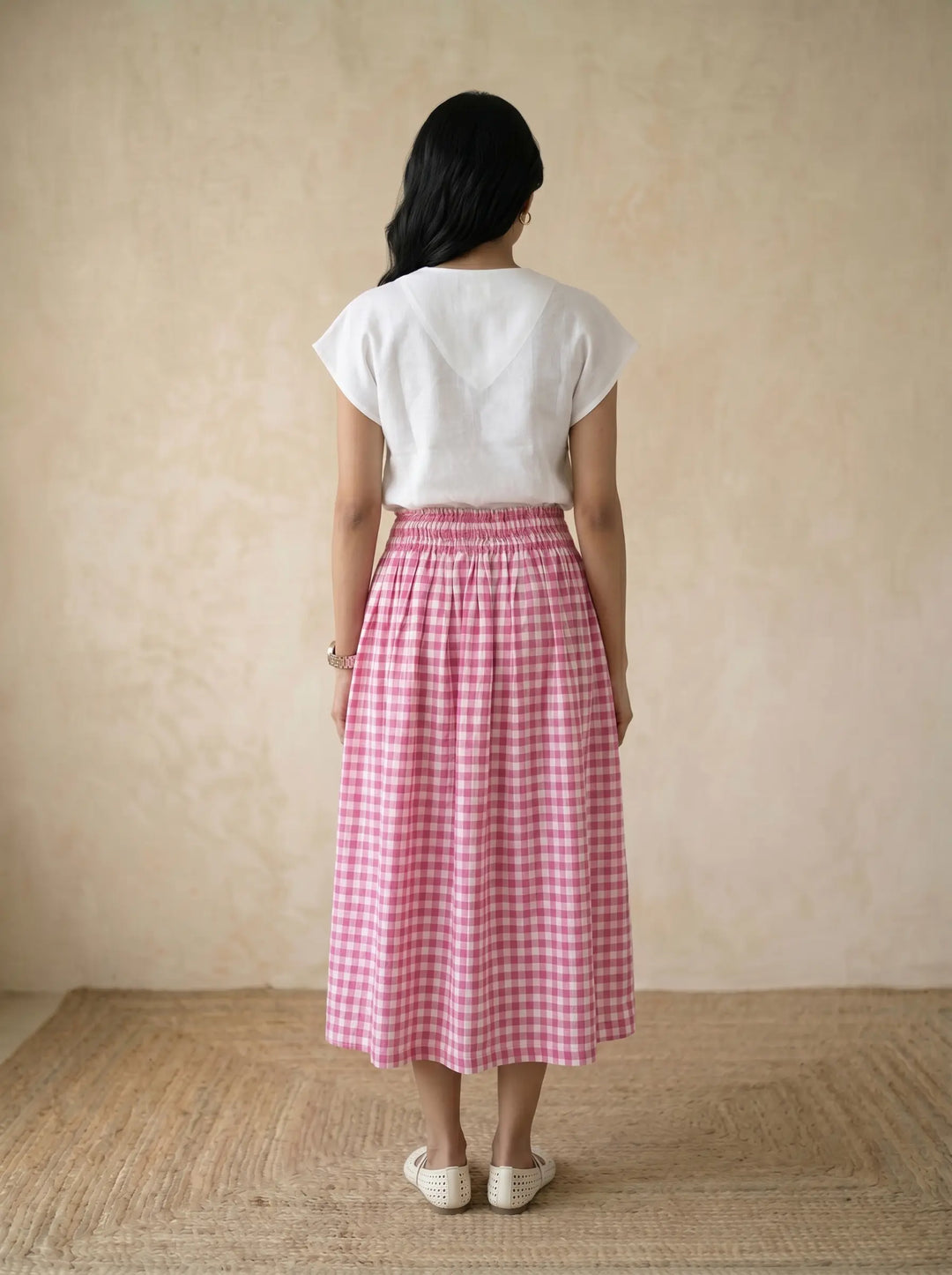 linen skirt in pink checks