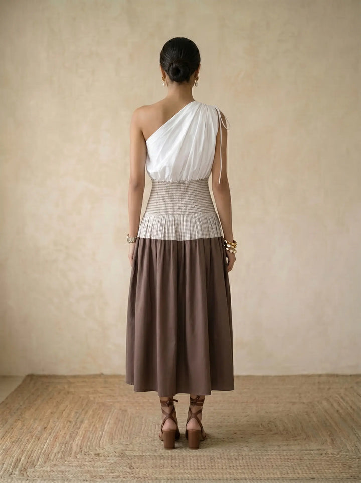 White & Brown One Shoulder Dress