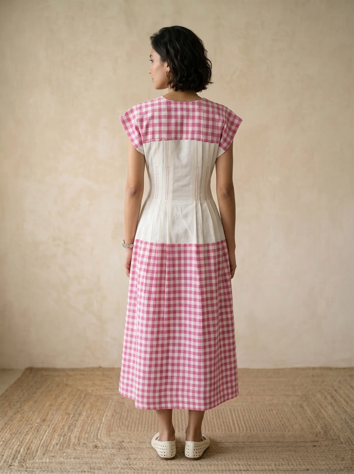 WHITE LINEN DRESS WITH PINK CHECKS