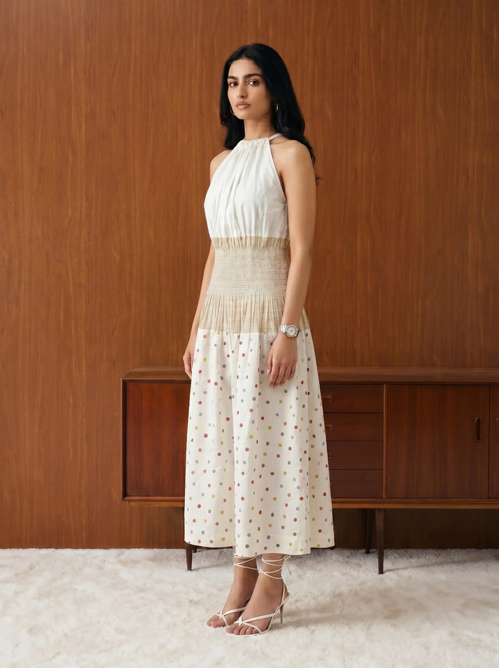 POKLA DOT WITH YELLOW CHECKS BACK TIE-UP DRESS