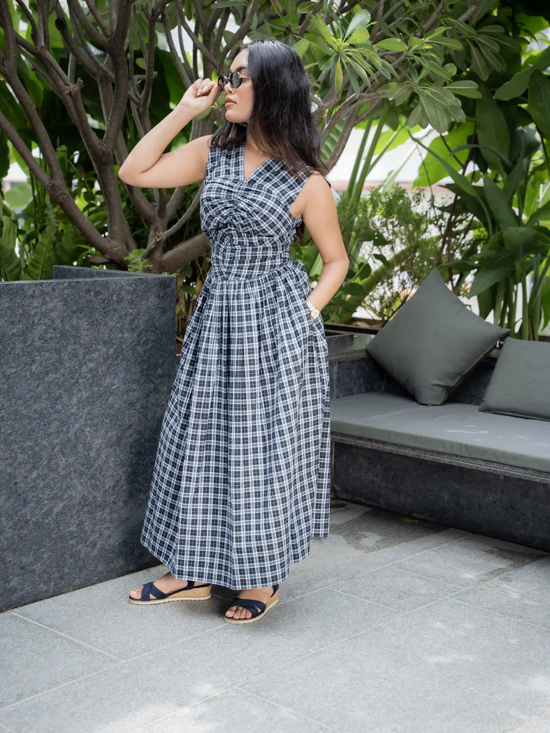 BLACK CHECK DRESS WITH BACK TIE-UP