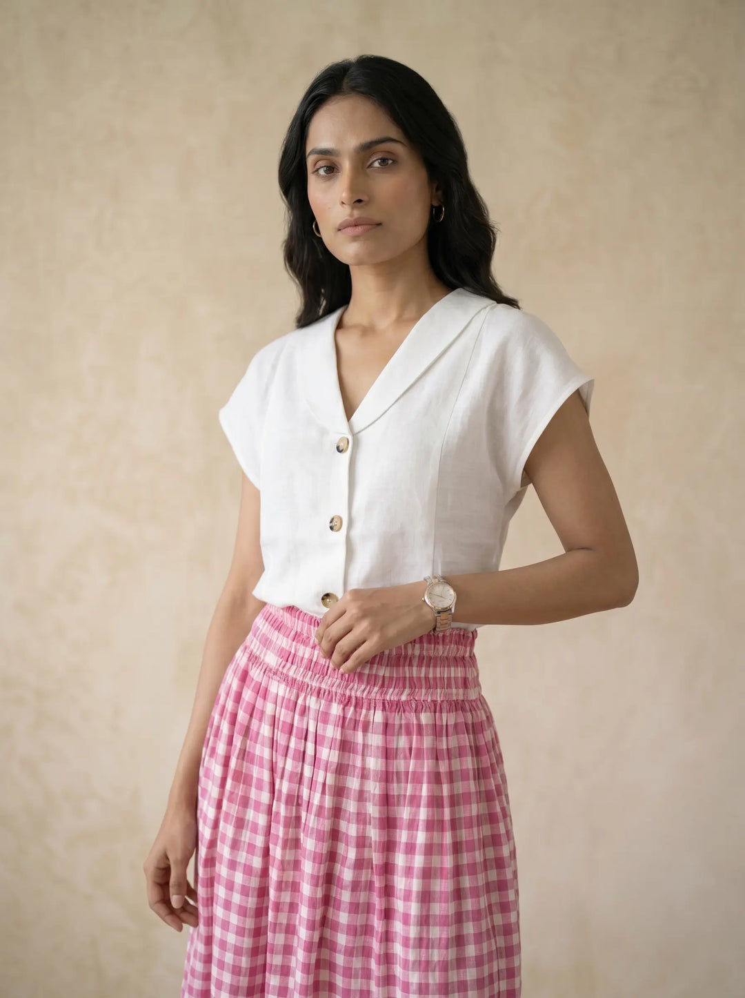 linen skirt in pink checks