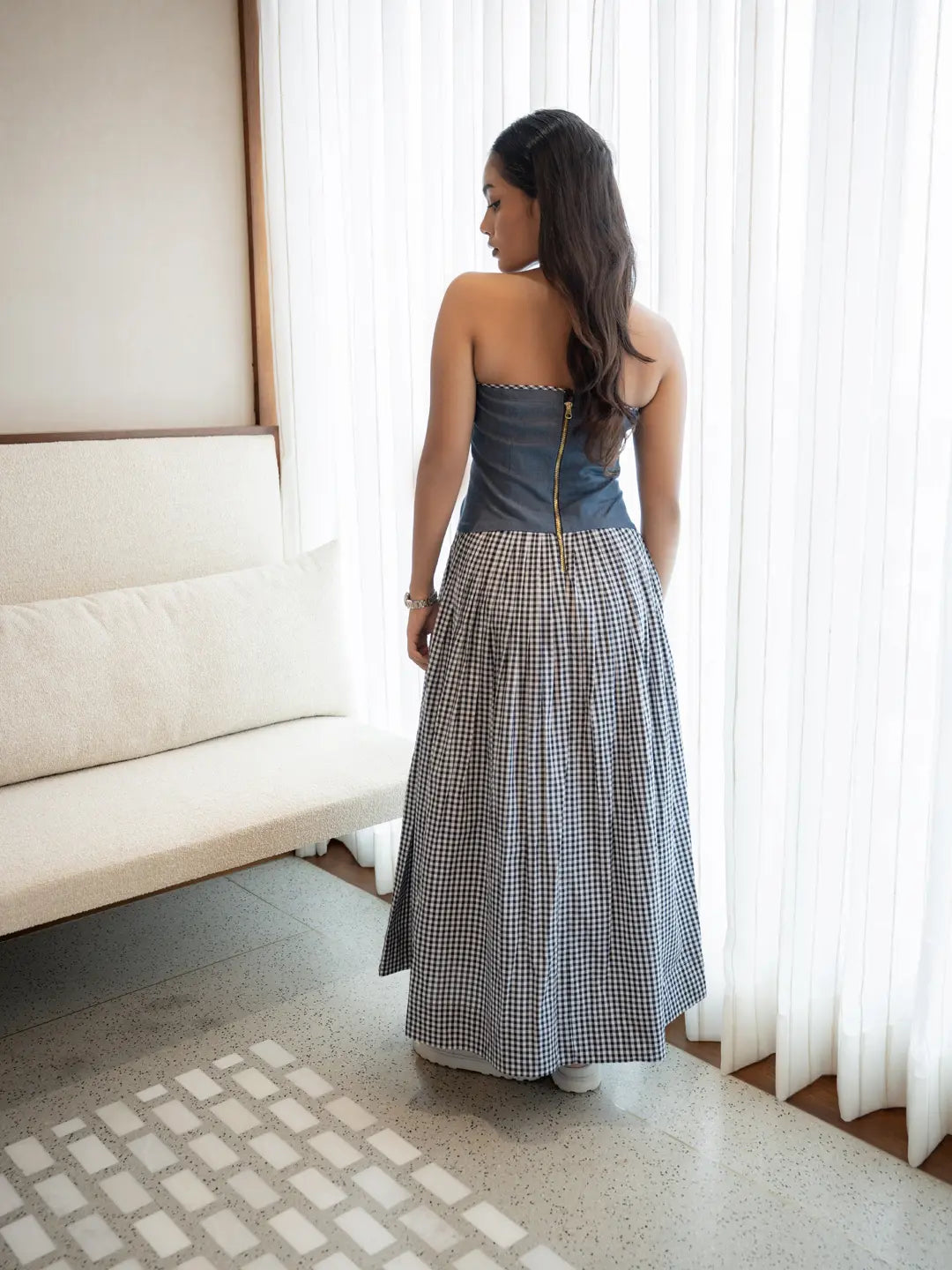 DENIM TUBE DRESS WITH BLACK/WHITE CHECKS