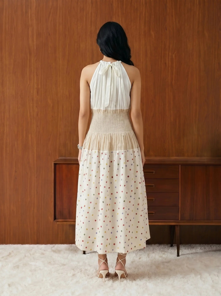 POKLA DOT WITH YELLOW CHECKS BACK TIE-UP DRESS