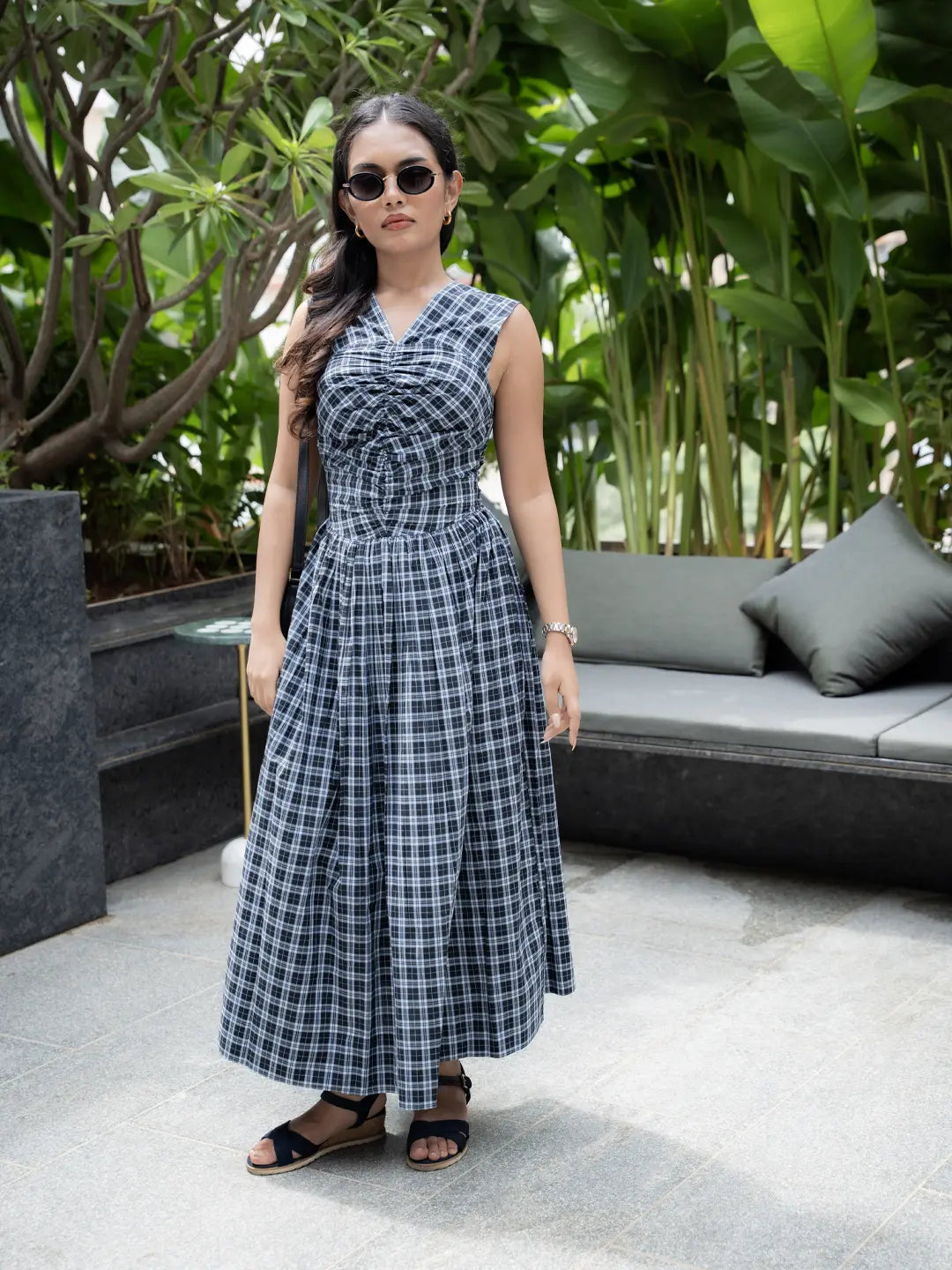 BLACK CHECK DRESS WITH BACK TIE-UP