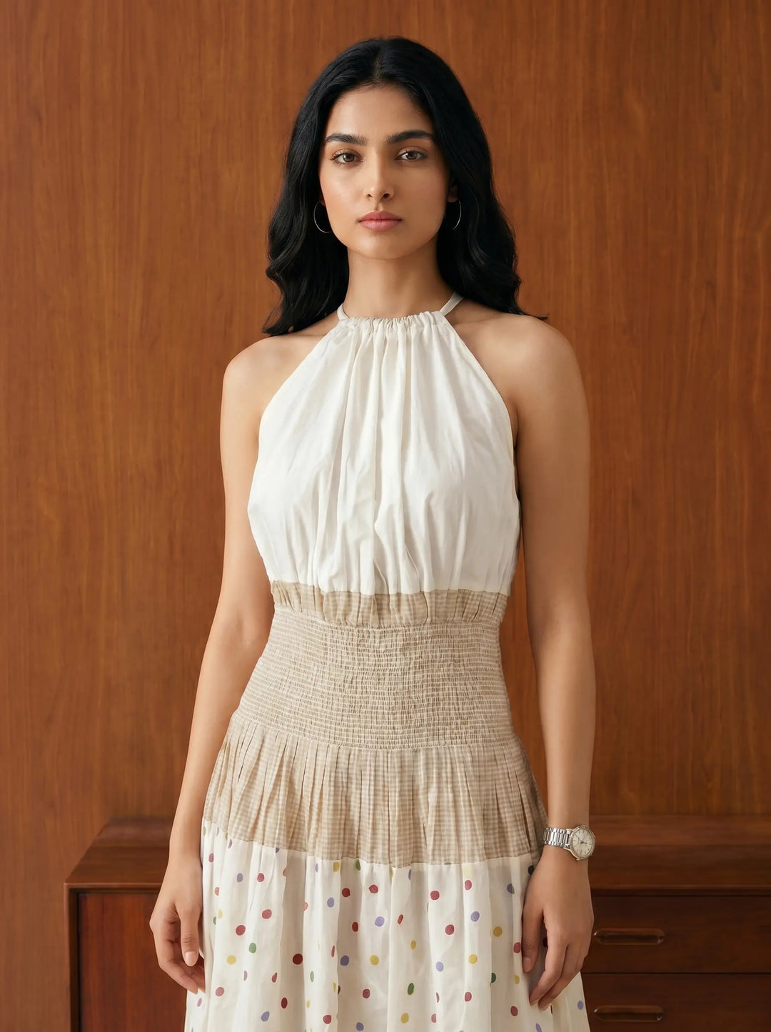 POKLA DOT WITH YELLOW CHECKS BACK TIE-UP DRESS