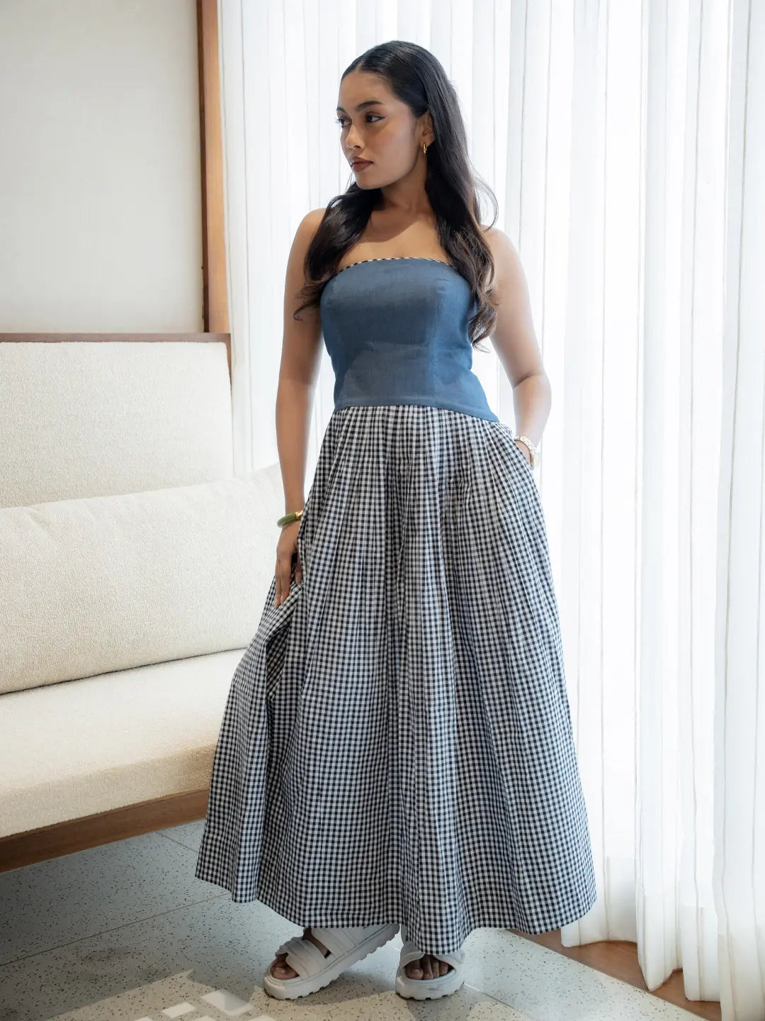 DENIM TUBE DRESS WITH BLACK/WHITE CHECKS