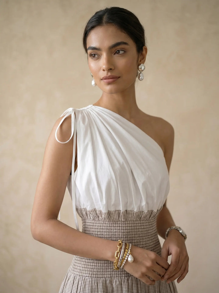 White & Brown One Shoulder Dress