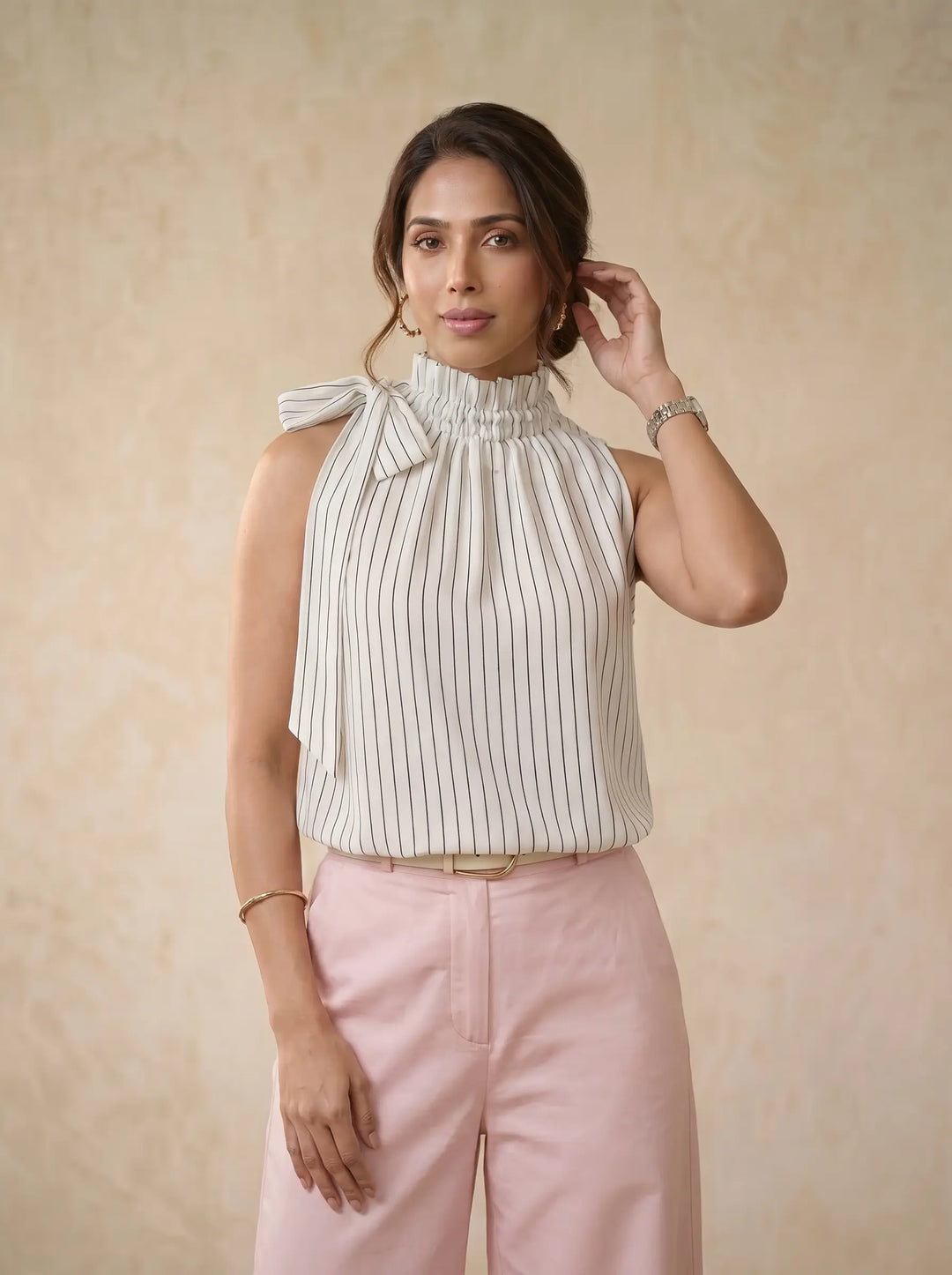White Tie Up Top with Black Stripes
