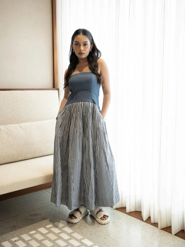 DENIM TUBE DRESS WITH BLACK/WHITE CHECKS