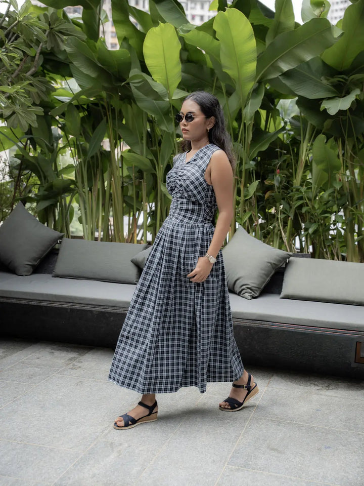 BLACK CHECK DRESS WITH BACK TIE-UP