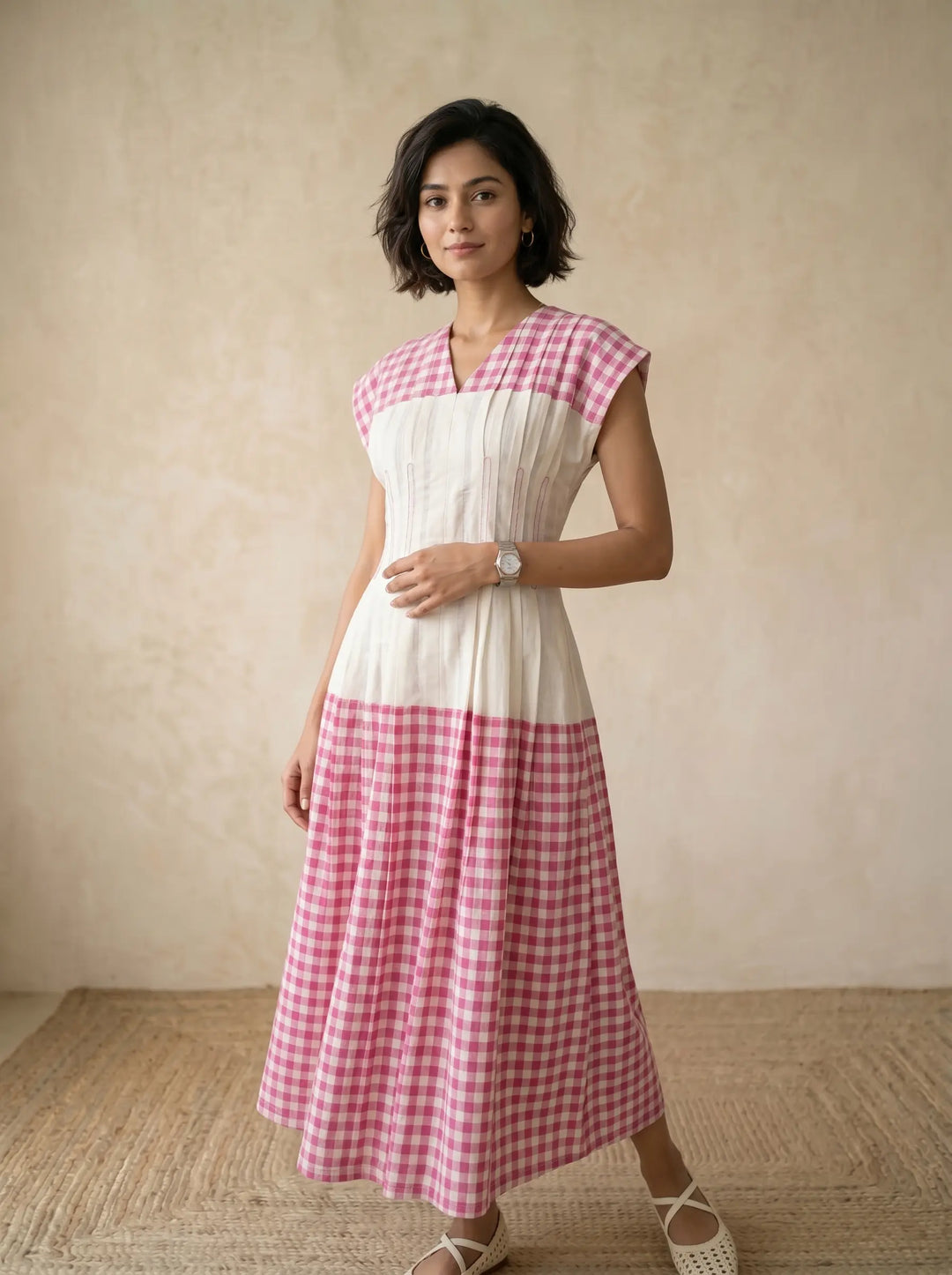 WHITE LINEN DRESS WITH PINK CHECKS