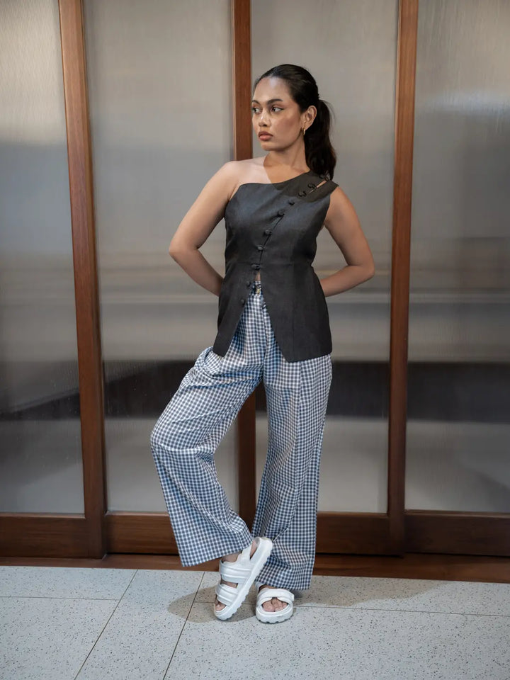 GREY DENIM ONE SHOULDER TOP