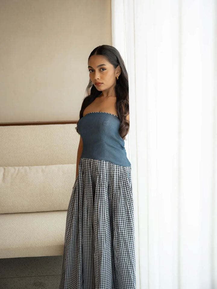 DENIM TUBE DRESS WITH BLACK/WHITE CHECKS