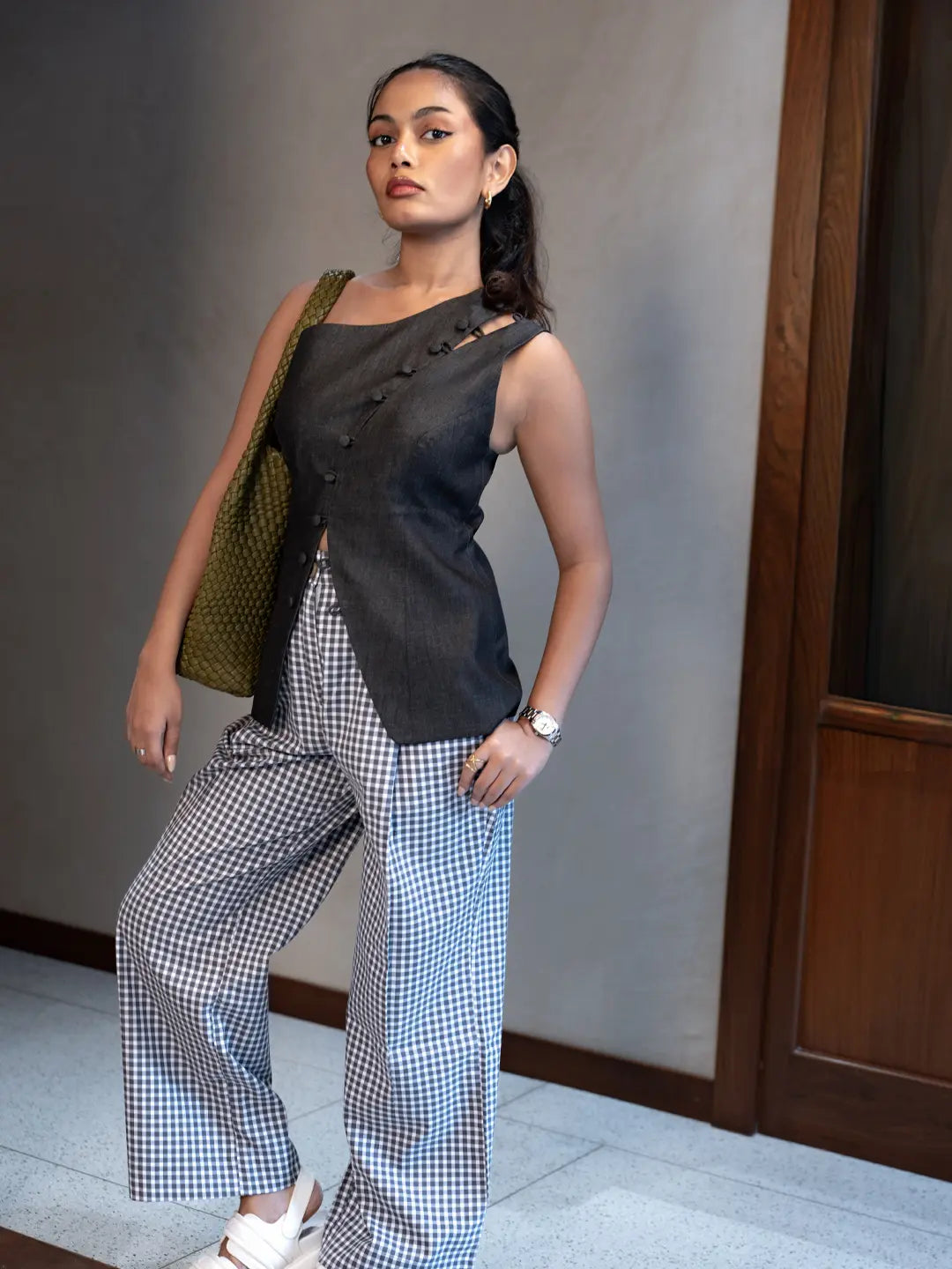 GREY DENIM ONE SHOULDER TOP