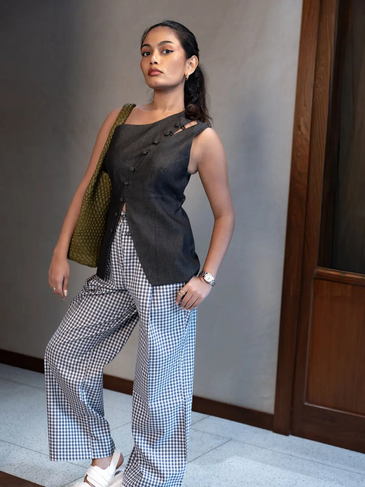 GREY DENIM ONE SHOULDER TOP