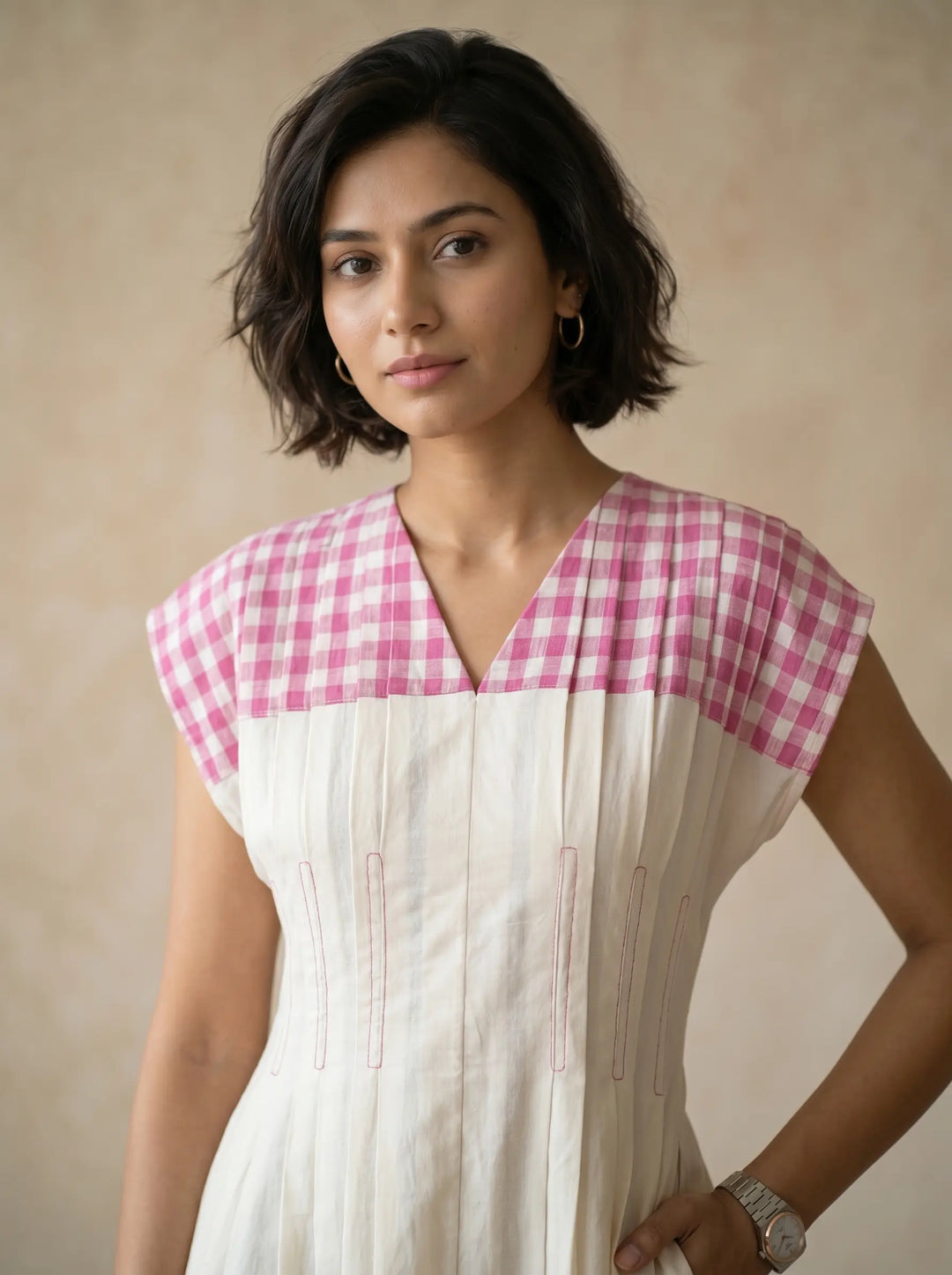 WHITE LINEN DRESS WITH PINK CHECKS