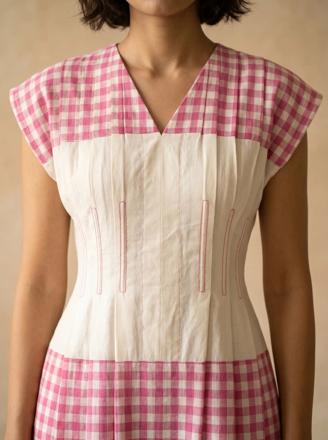 WHITE LINEN DRESS WITH PINK CHECKS