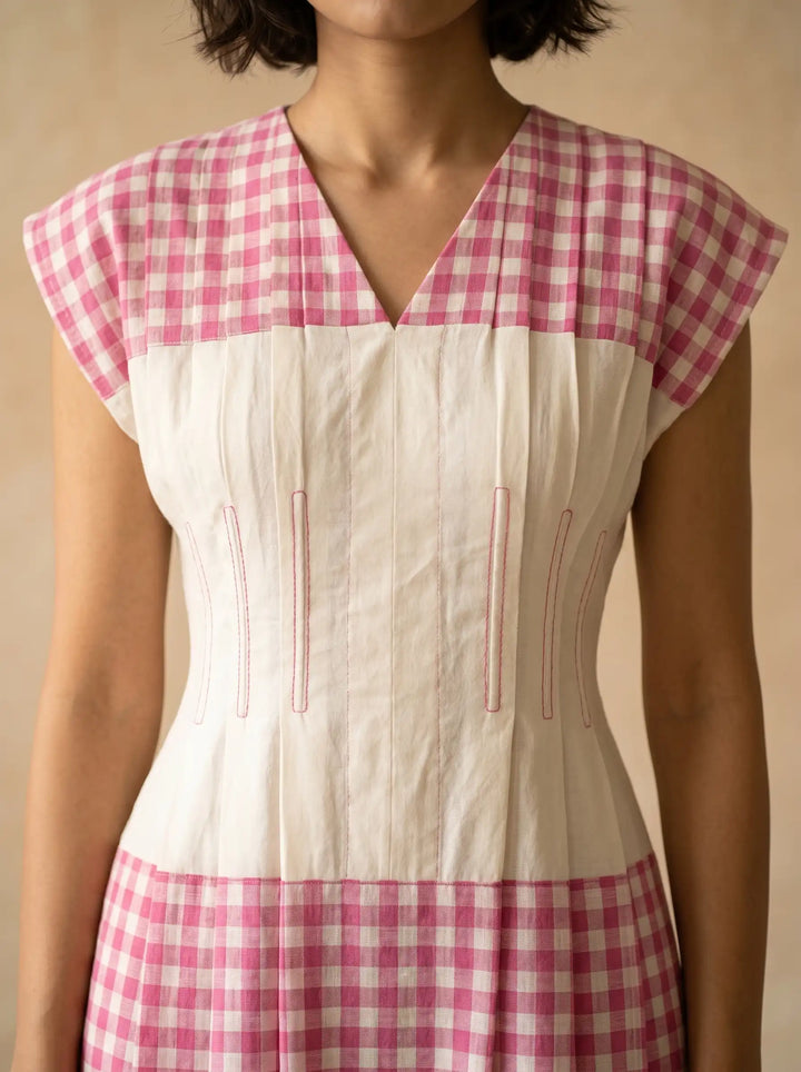 WHITE LINEN DRESS WITH PINK CHECKS