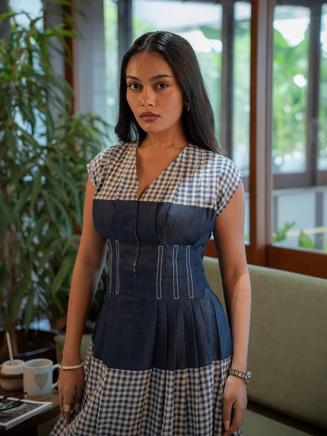 DRESS IN COTTON LINEN BLUE/WHITE CHECK WITH DENIM