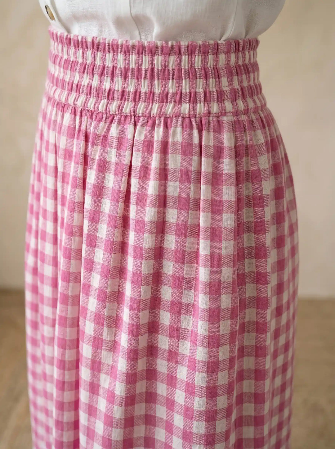 linen skirt in pink checks