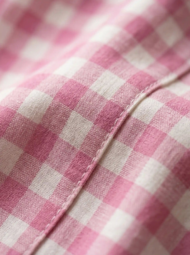 WHITE LINEN DRESS WITH PINK CHECKS