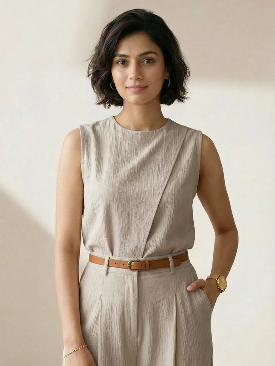 OVERLAP TOP WITH TROUSER / Beige