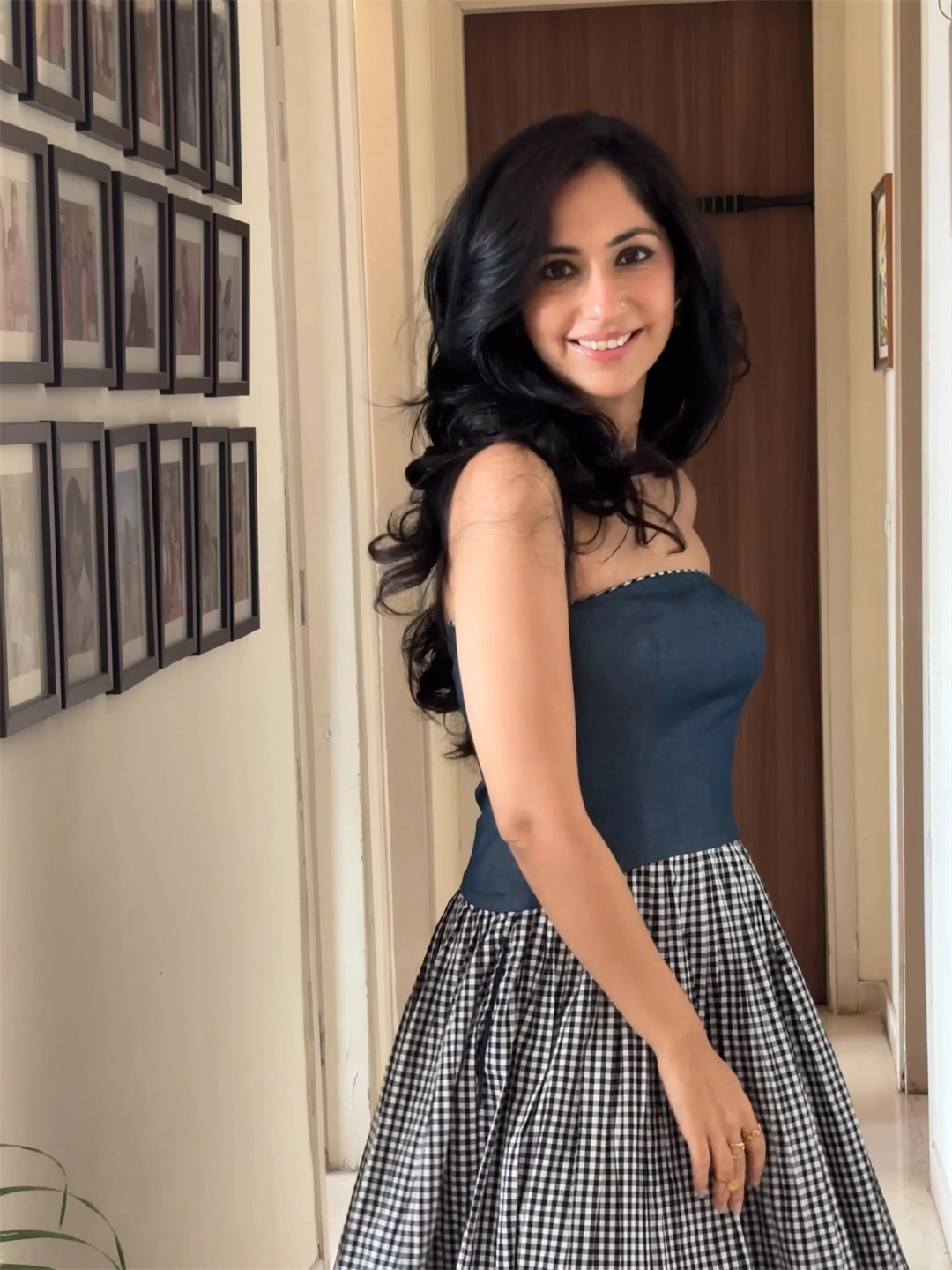DENIM TUBE DRESS WITH BLACK/WHITE CHECKS