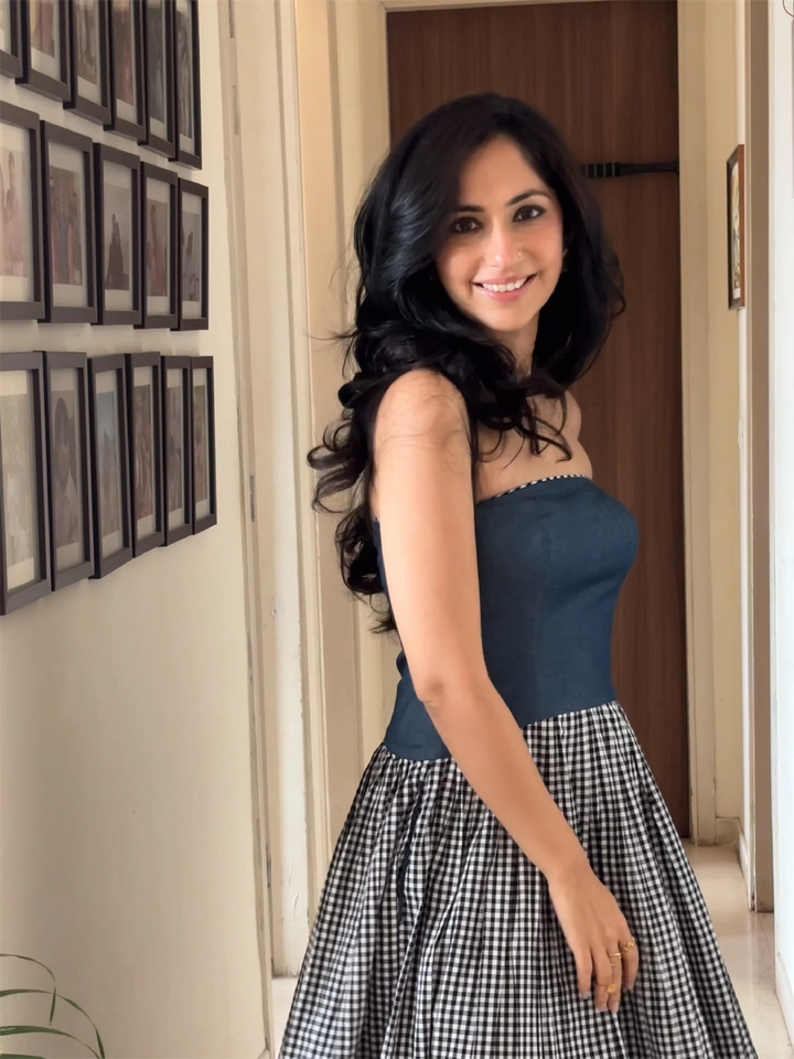 DENIM TUBE DRESS WITH BLACK/WHITE CHECKS