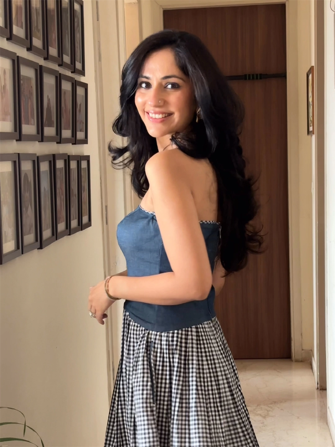 DENIM TUBE DRESS WITH BLACK/WHITE CHECKS