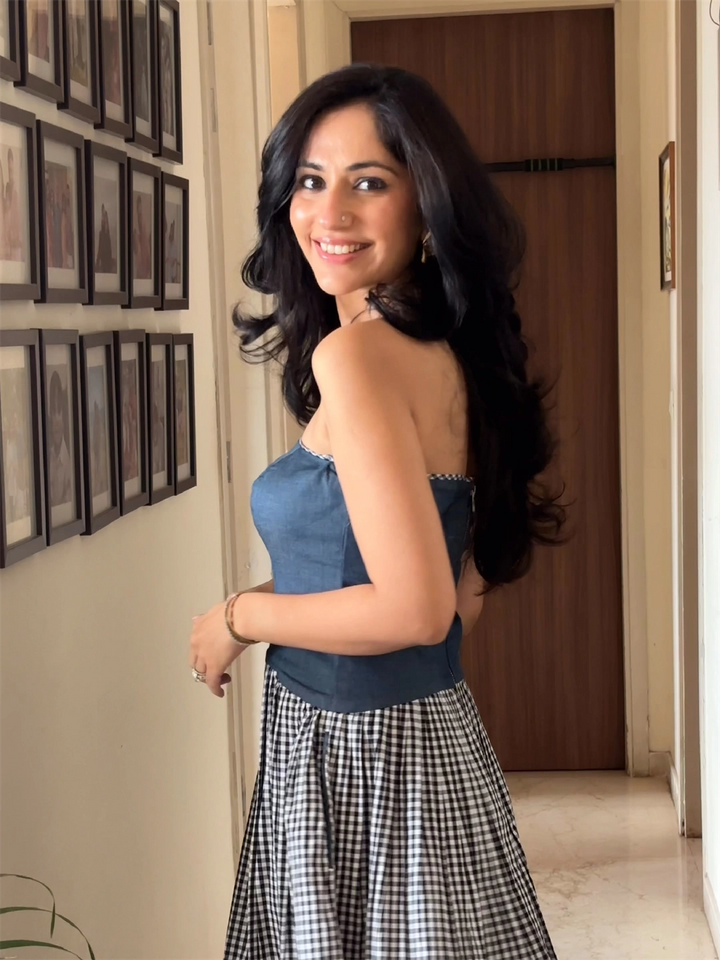 DENIM TUBE DRESS WITH BLACK/WHITE CHECKS